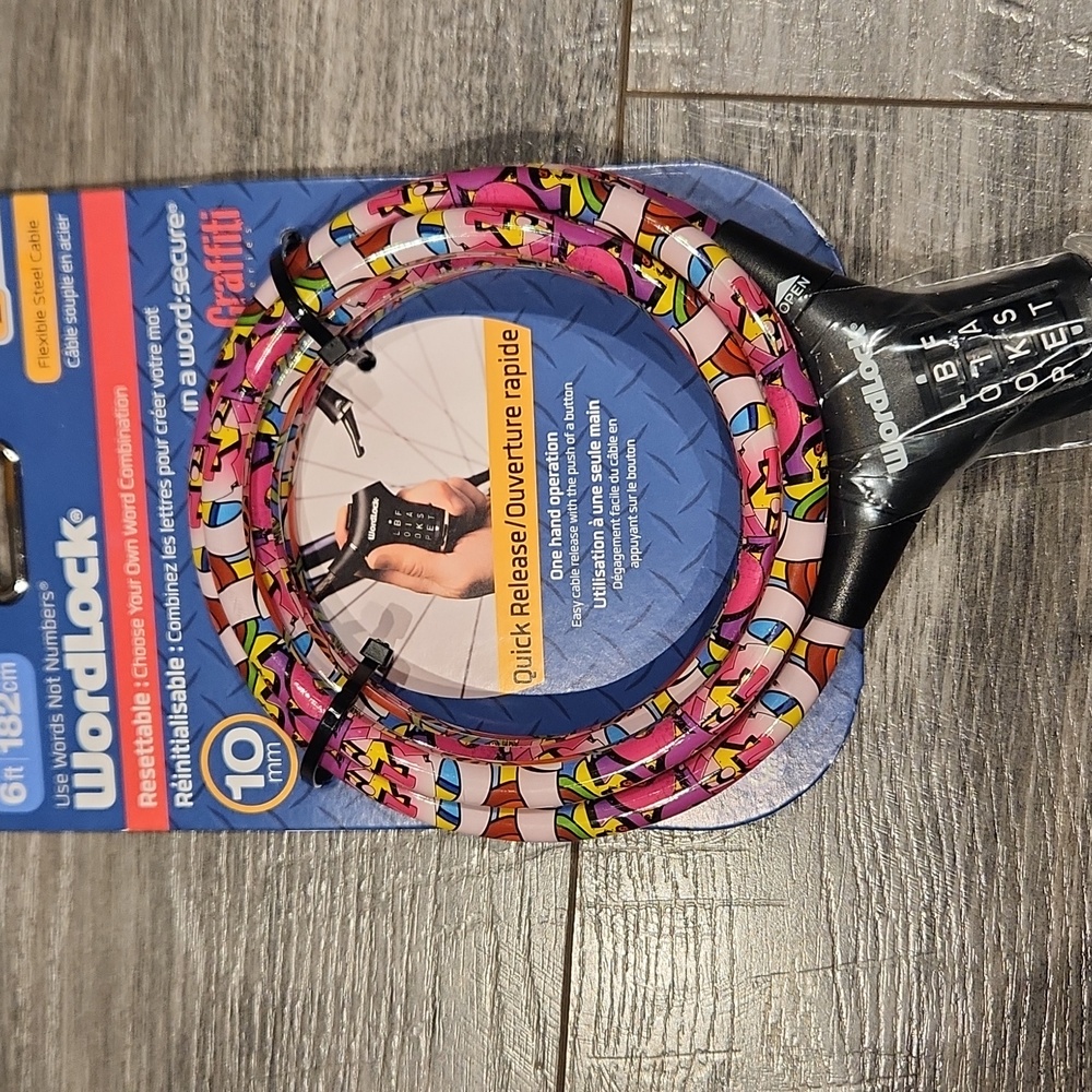 NWT WordLock 10mm 6' Flexible Steel Cable Bycicle Lock Colorful Graffiti